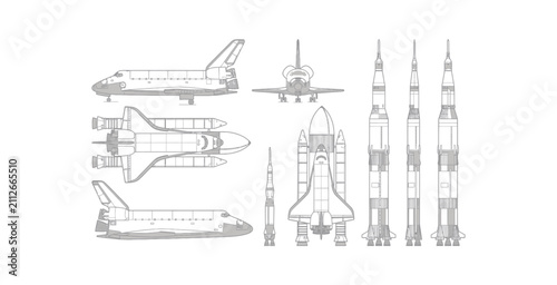 Detailed Spacecraft and Rocket Technical Drawing Vector Set
