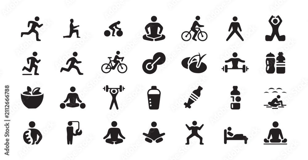 Obraz premium Active sport and fitness icon collection showing people running training lifting weights biking and healthy eating.