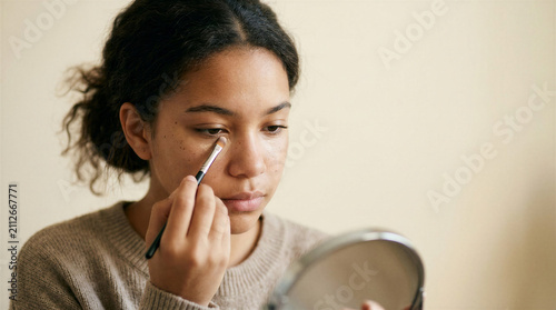 Young woman applying makeup in front of mirror at home  