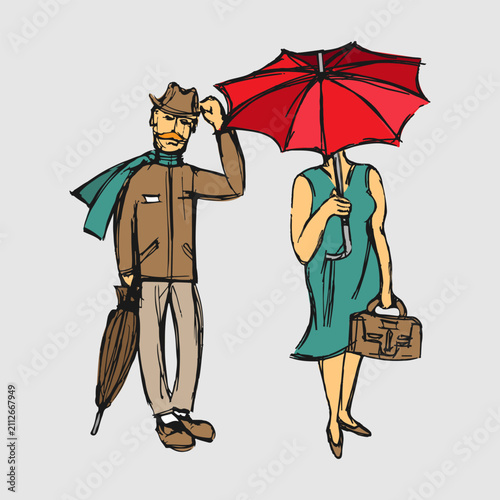 A man in a hat and a woman with an umbrella in bad weather. Sketch, doodle, squiggle. Vector illustration