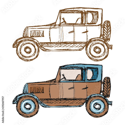 Retro car. Outline and color image. Sketch, doodle. Vector set