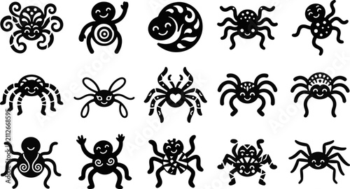 Creative collection of cute spider character icons with character halloween illustration silhouette collection creature arachnid whimsical wildlife friendly