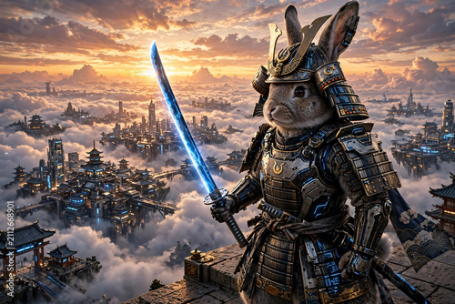 Epic cyberpunk warrior with lightsaber standing over futuristic dystopian cityscape at sunset