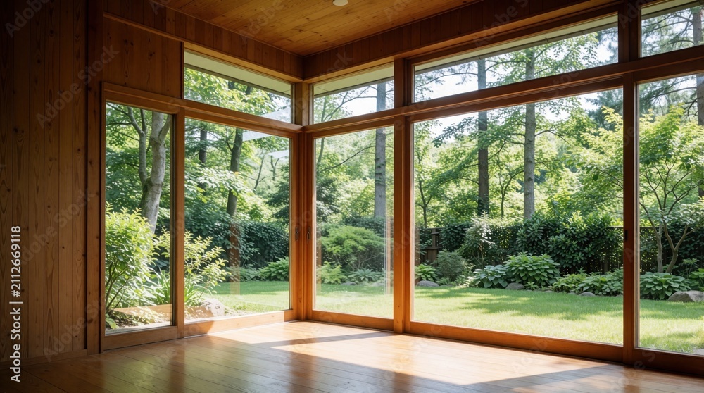 Fototapeta premium Empty room with wood walls, floor. Large glass windows offer view of green trees in sunny garden. Bright natural light fills minimalist living space. Modern house architecture with timber paneling.