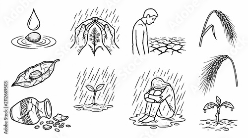 Collection of hand drawn sketches depicting environmental and human struggle themes.