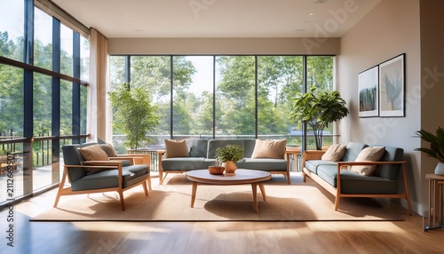 assisted living facility common area with comfortable seating and stylish coffee tables featuring a large window wall with plenty of natural light community space assisted living