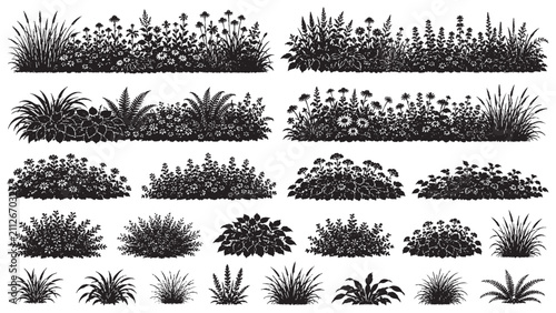 Canvastavla Side elevation CAD line art grass and wildflower border silhouettes set for land