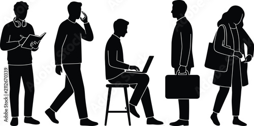 Set of diverse modern people working studying calling talking on phone and using laptop silhouettes.