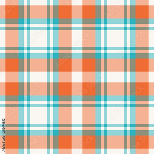 Workshop tartan plaid pattern, scenery textile seamless background. Menswear fabric check vector texture in cyan and orange colors.