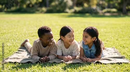 Happy diverse multiethnic children lying on blanket in sunny park lawn laughing together in summer fun friends friendship diversity multicultural school kids