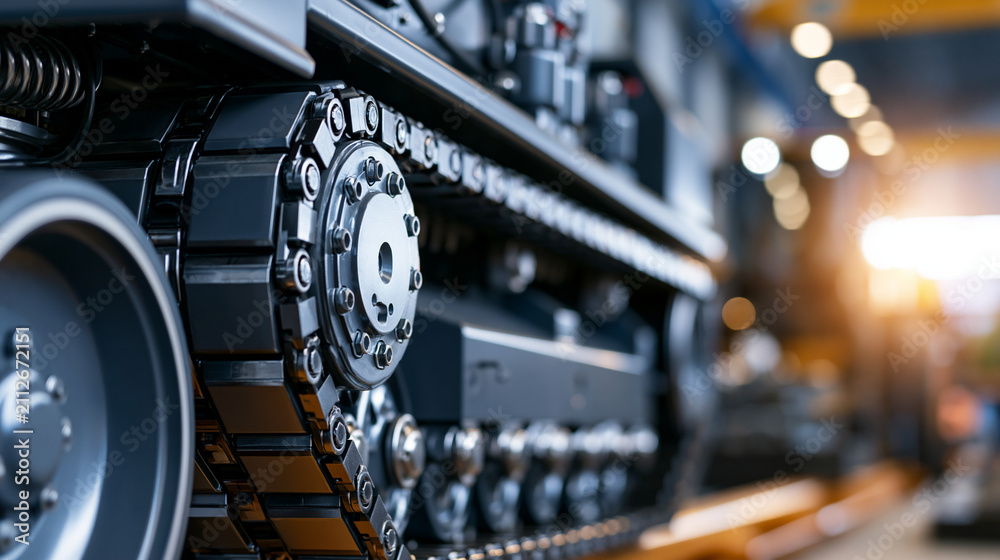 Fototapeta premium Close-up view of a tracked vehicle showing its undercarriage and suspension parts in a machinery workshop during daylight, industrial engineering concept, with copy space
