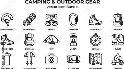 Foto Comprehensive camping and outdoor gear icon set featuring a clean and minimalist