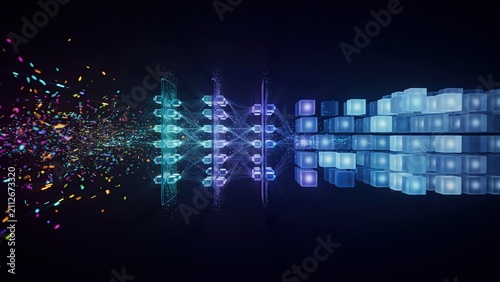 Data cubes organize digital information flow into a structured network across a dark futuristic background space.