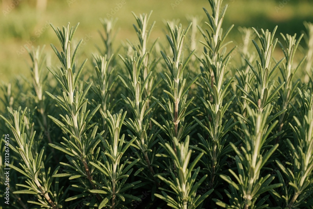 Fototapeta premium Fresh green rosemary branches grow in garden. Fragrant herb leaves used for cooking seasoning and aromatherapy. Mediterranean plant provides fresh flavor.