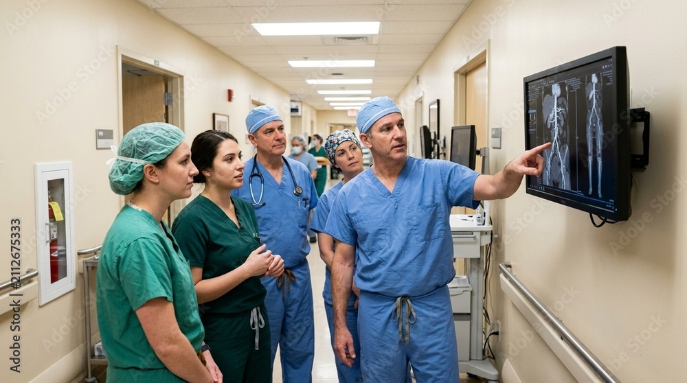 Naklejka premium Vascular surgical team confirming imaging results before beginning the procedure