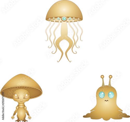 Antique Alien Creature Ornament Set with Jellyfish Mushroom and Slime