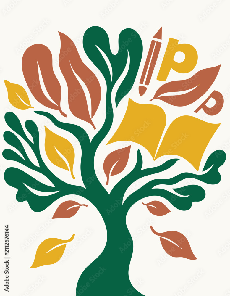Fototapeta premium Minimalist flat vector illustration of academic tree with open books and autumn leaves on cream — stylish paper cutout graphic resource for school holiday banner and layout design