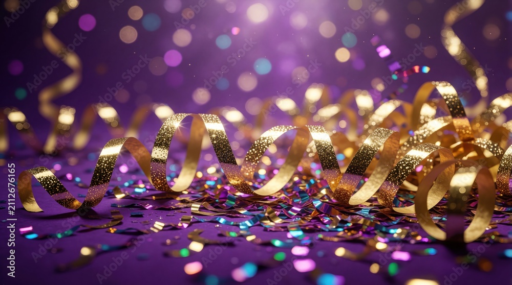 Obraz premium Gold ribbons curl on purple background with shiny confetti pieces. Festive sparkles glitter for holiday events. Bright party streamers decorate space for birthday anniversary carnival celebration.