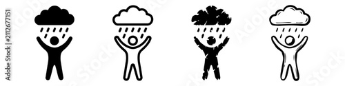 Vector Icon Set of a Person Under a Rain Cloud with Arms Raised in Four Different Styles including Solid, Outline, Grunge, and Hand-Drawn to Represent Mental Health, Bad Luck, or Optimism.