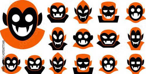 Картината върху платно Collection of scary vampire faces with orange background in a distinctive flat g