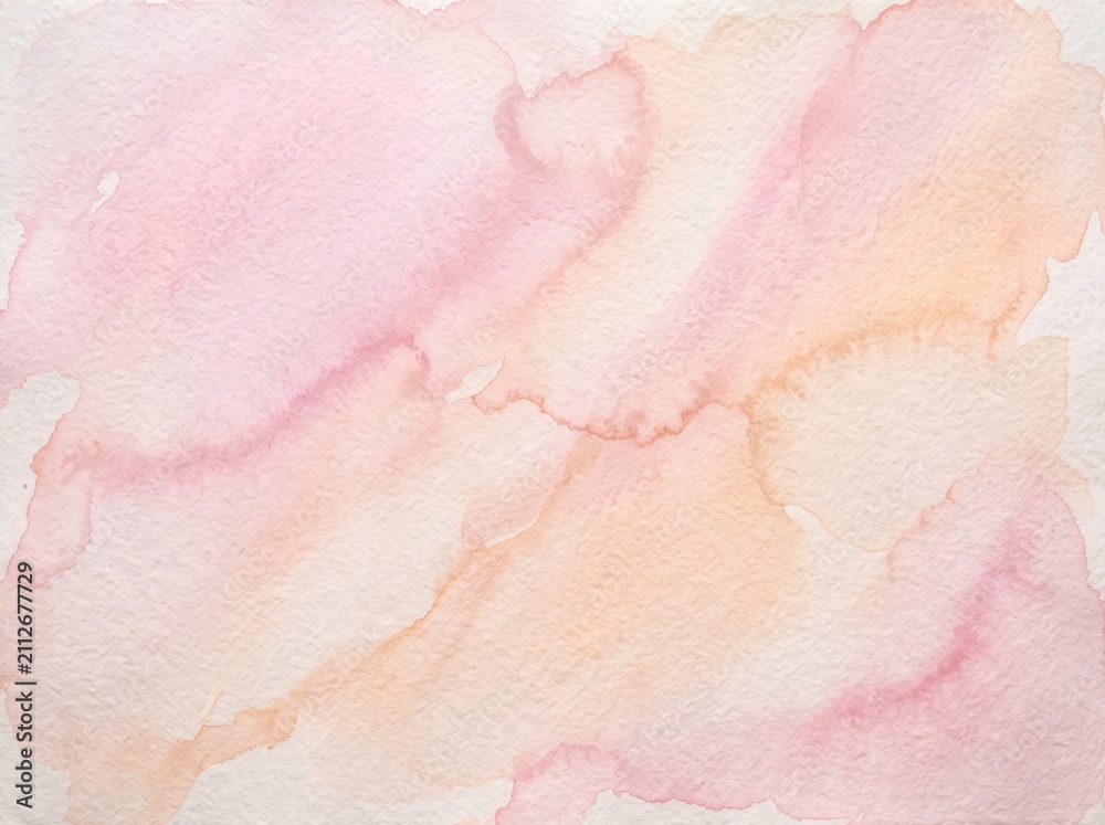 Fototapeta premium Soft watercolor abstract background with gentle pink and orange paint washes on paper texture
