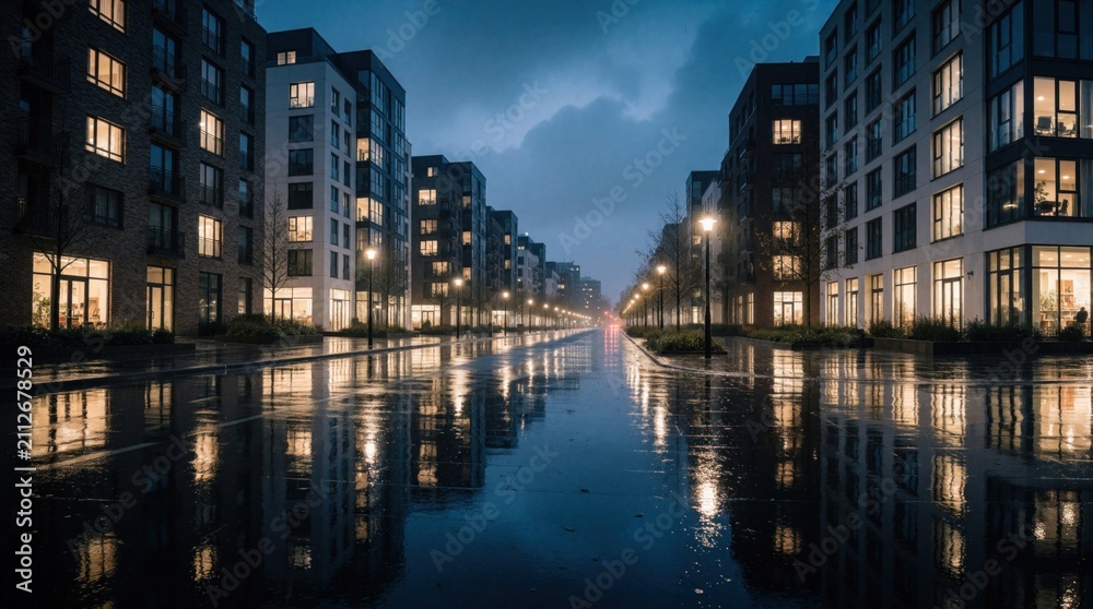 Obraz premium Modern city street at rainy night with illuminated apartment buildings. Wet pavement reflects warm building lights in residential neighbourhood. Empty road perspective during evening twilight. Urban