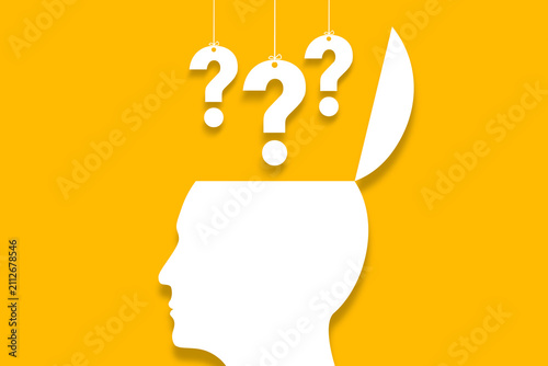 Quadro su tela Thinking Brain with Question Marks design on yellow background