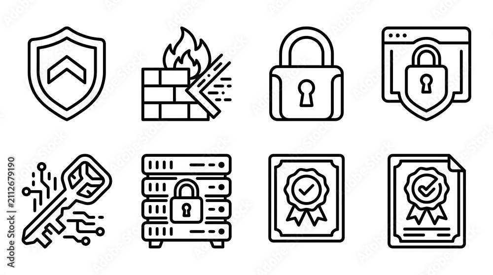 Fototapeta premium Cybersecurity and Data Protection Line Icon Set