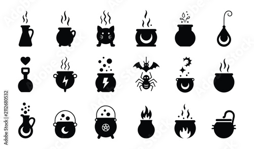 Canvas Print Witch's Cauldron Icons: A collection of graphic icons representing various witch's cauldrons, some bubbling with magical potions and symbols, perfect for Halloween themes