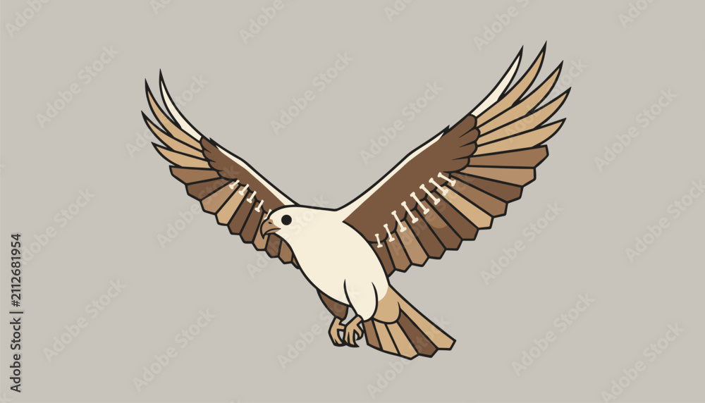 Fototapeta premium Stylized flying bird of prey with patterned wings soaring gracefully against a neutral grey background.