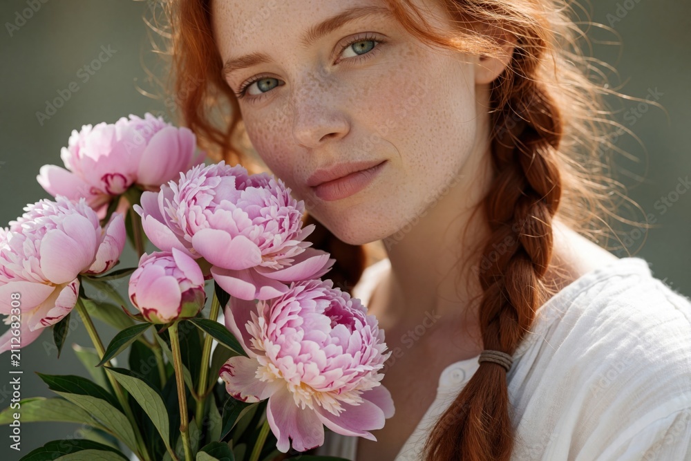Naklejka premium Young woman with red hair, freckles holds pink peonies near face. Cute girl wears white shirt, braids. Natural skin texture, beauty look focus on spring theme. Person smiles gently holding fresh