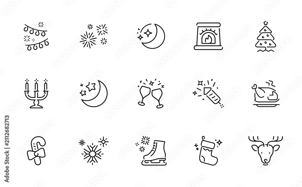 Fototapeta premium Collection of festive holiday and celebration icons in a clean line art style