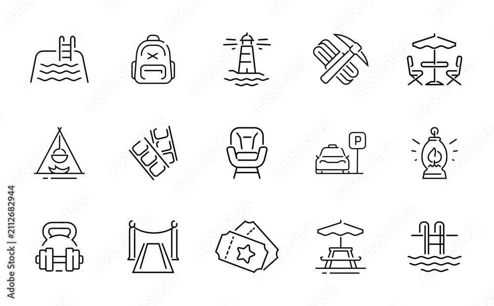 Fototapeta premium Collection of travel and leisure icons for vacation and recreation planning