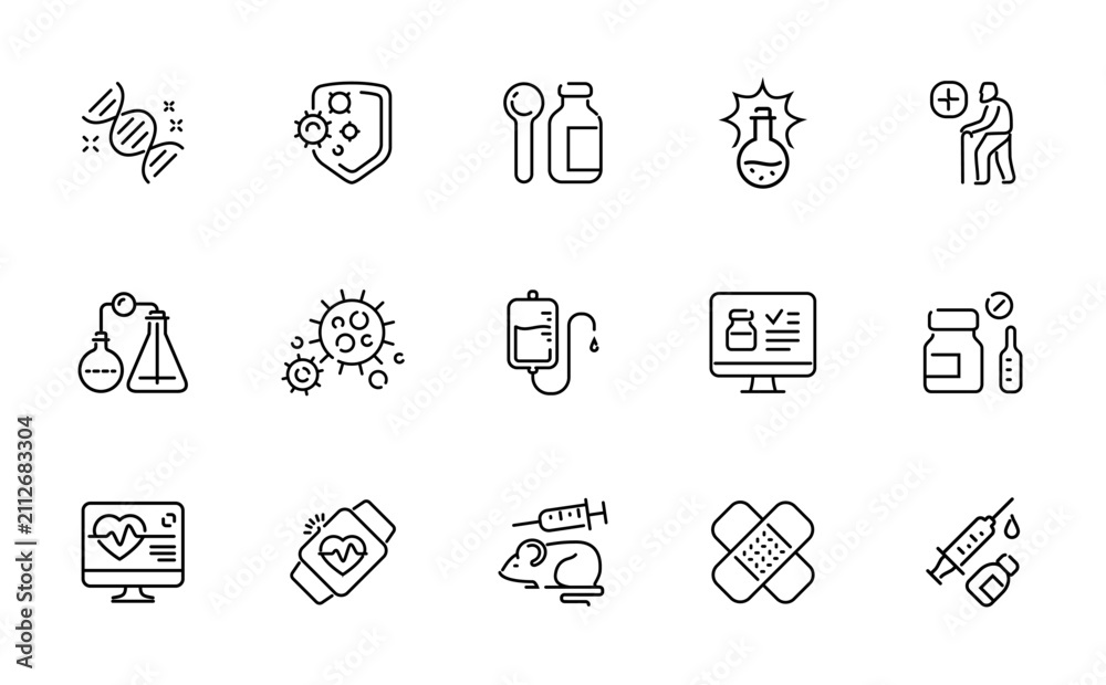 Fototapeta premium Collection of medical and scientific research icons for healthcare and biotechnology