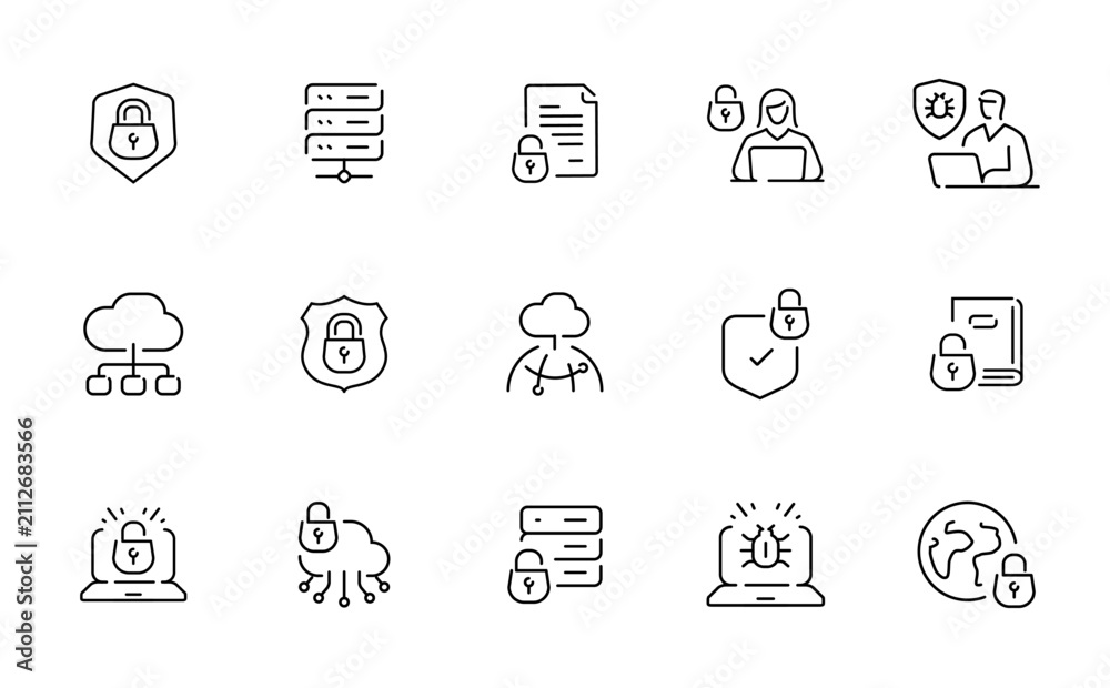 Fototapeta premium Collection of cybersecurity and data protection icons with locks and shields