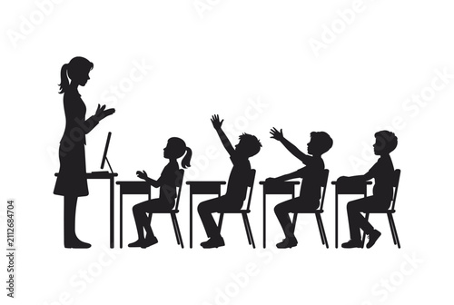 Foto Silhouette of a teacher gesturing while students raise hands in a classroom sett