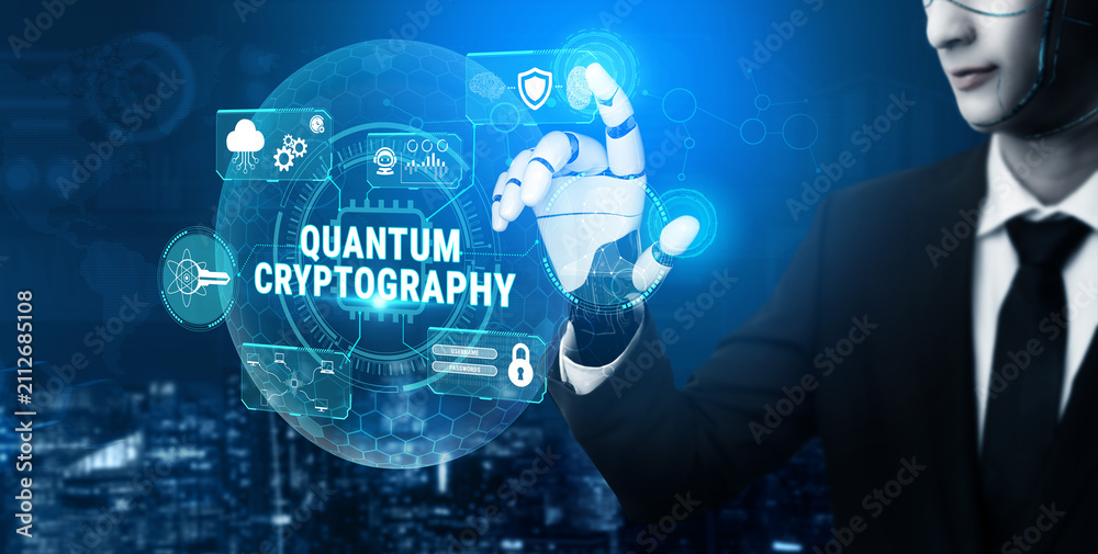 Obraz premium Futuristic Concept of Quantum Cryptography with Cyber Security Elements and Digital Interface Over Cityscape Background for Stock Photography Fluxor.