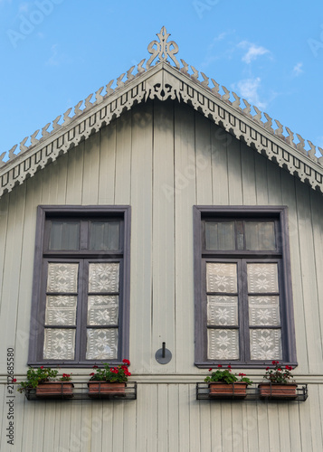 Decorative wooden trim (lambrequim) on a historic colonial house in Antônio Prado, Rio Grande do Sul, Brazil