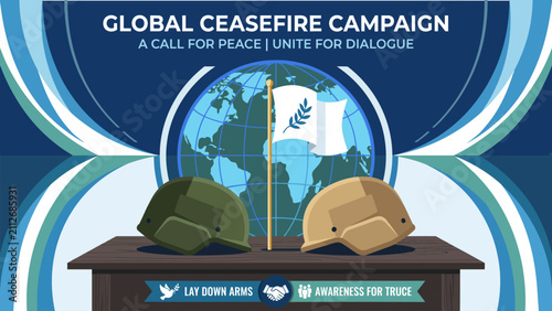 Quadro su tela Professional banner promoting ceasefire, diplomacy, humanitarian cooperation, peace negotiations, and global conflict resolution initiatives
