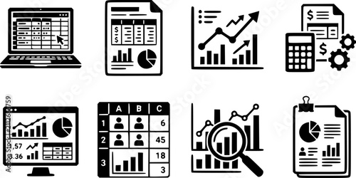 Laptop Spreadsheet and Business Data Dashboard Icon Set Featuring Financial Reports Tables Analytics Charts and Digital Accounting Vector Collection