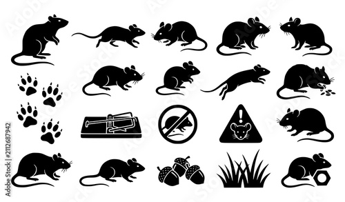 Bild auf Leinwand Black white rat mouse rodent pest control paw print and wildlife silhouette CAD