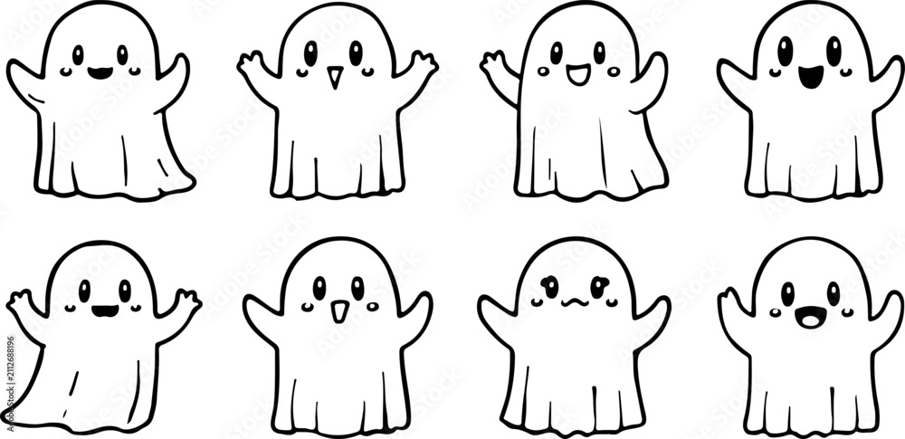 Fototapeta premium Cute Halloween ghost vector collection, set of 8 hand drawn cartoon ghosts with different facial expressions, spooky doodle characters for seasonal decor