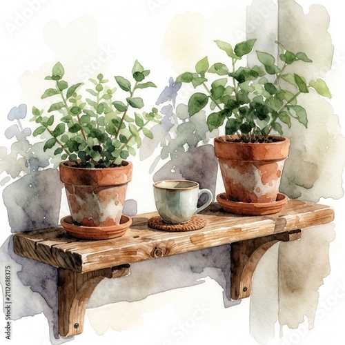 Watercolor illustration shows two potted green plants and a teacup on a wooden shelf. Rustic interior decor with terracotta pots and natural elements for a cozy home.
