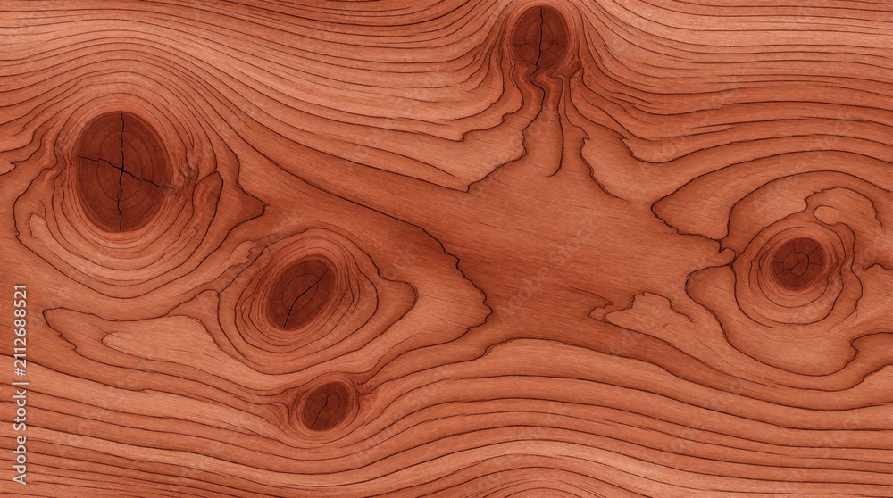 Fototapeta premium Close up view of rich red cedar wood texture. Natural wavy grain patterns and knots create a rustic, organic background. Offers a warm, earthy surface for design projects.