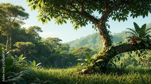 Sunlight filters through rich forest canopy onto green grass and ancient tree branch. Verdant jungle landscape with dense foliage and rolling hills. Serene natural world.