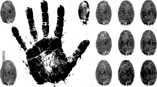 Handprint and Fingerprint Texture Collection Featuring Black Palm Prints Forensic Biometrics Identity Security and Grunge Ink Impressions