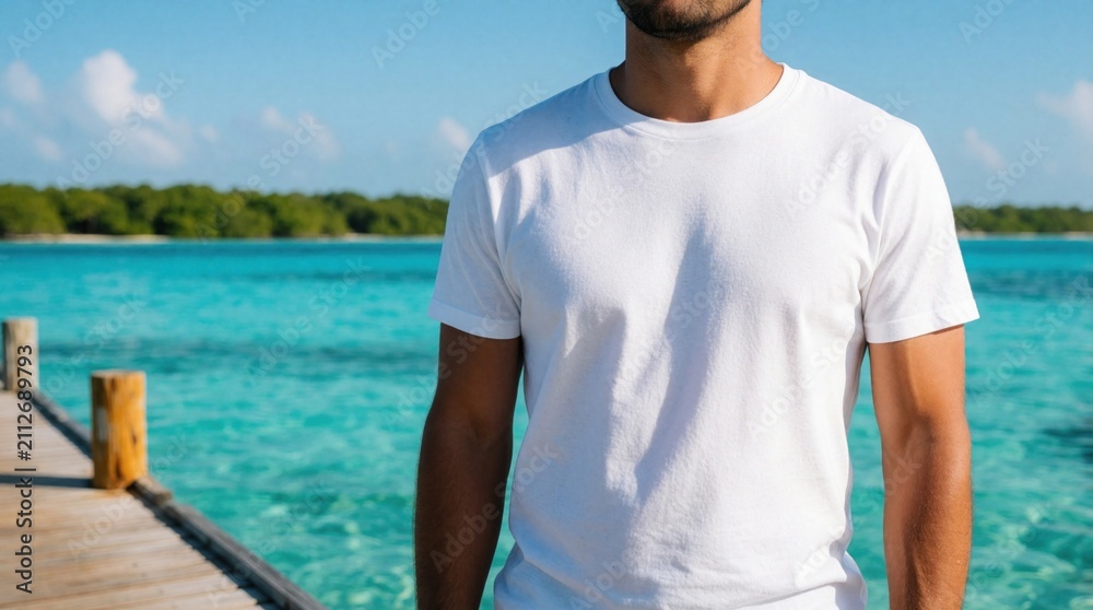 Obraz premium Hispanic man stands on wooden dock wearing plain white t shirt during summer vacation. Male person poses by blue turquoise ocean water near island coast. Guy enjoys sunny tropical climate day