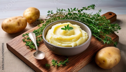 creamy mashed potatoes in a small grey bowl on a wooden cutting board with fresh herbs and raw potatoes nearby