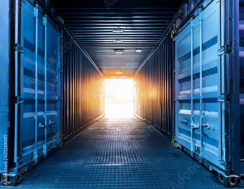 open metal shipping container with bright light shining from inside at night in an industrial yard