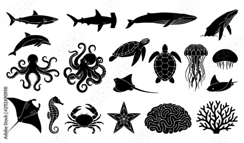 Marine sea animal silhouettes with shark whale octopus turtle dolphin jellyfish crab and coral CAD vector collection